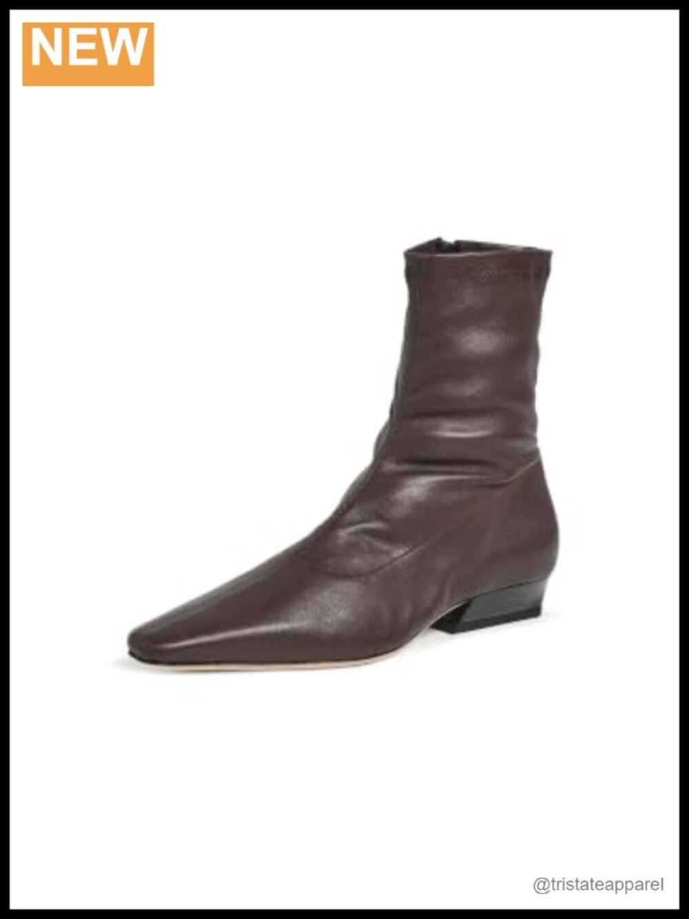 STAUD Wally Sock Flat Ankle Boots Leather Square Toe Espresso 7.5in Shaft